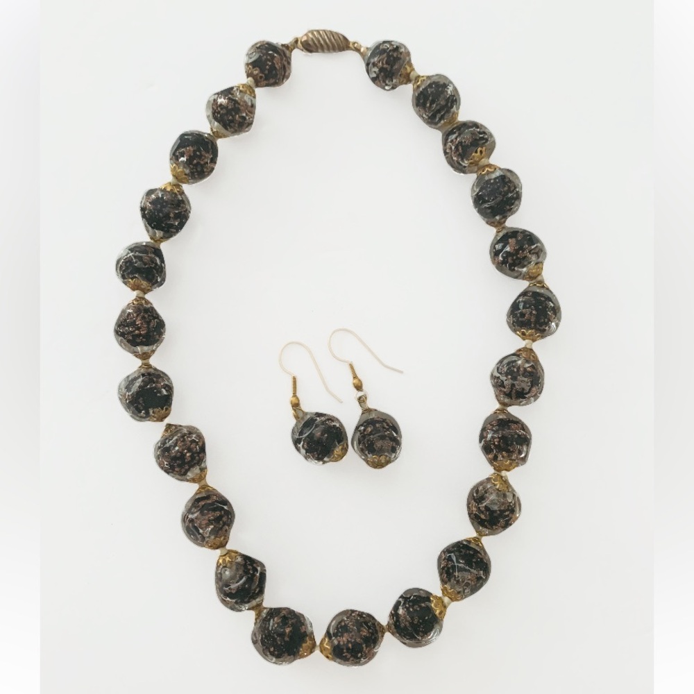 Vintage Venetian Murano Glass Black Gold Foil Beaded Necklace and Earrings Set